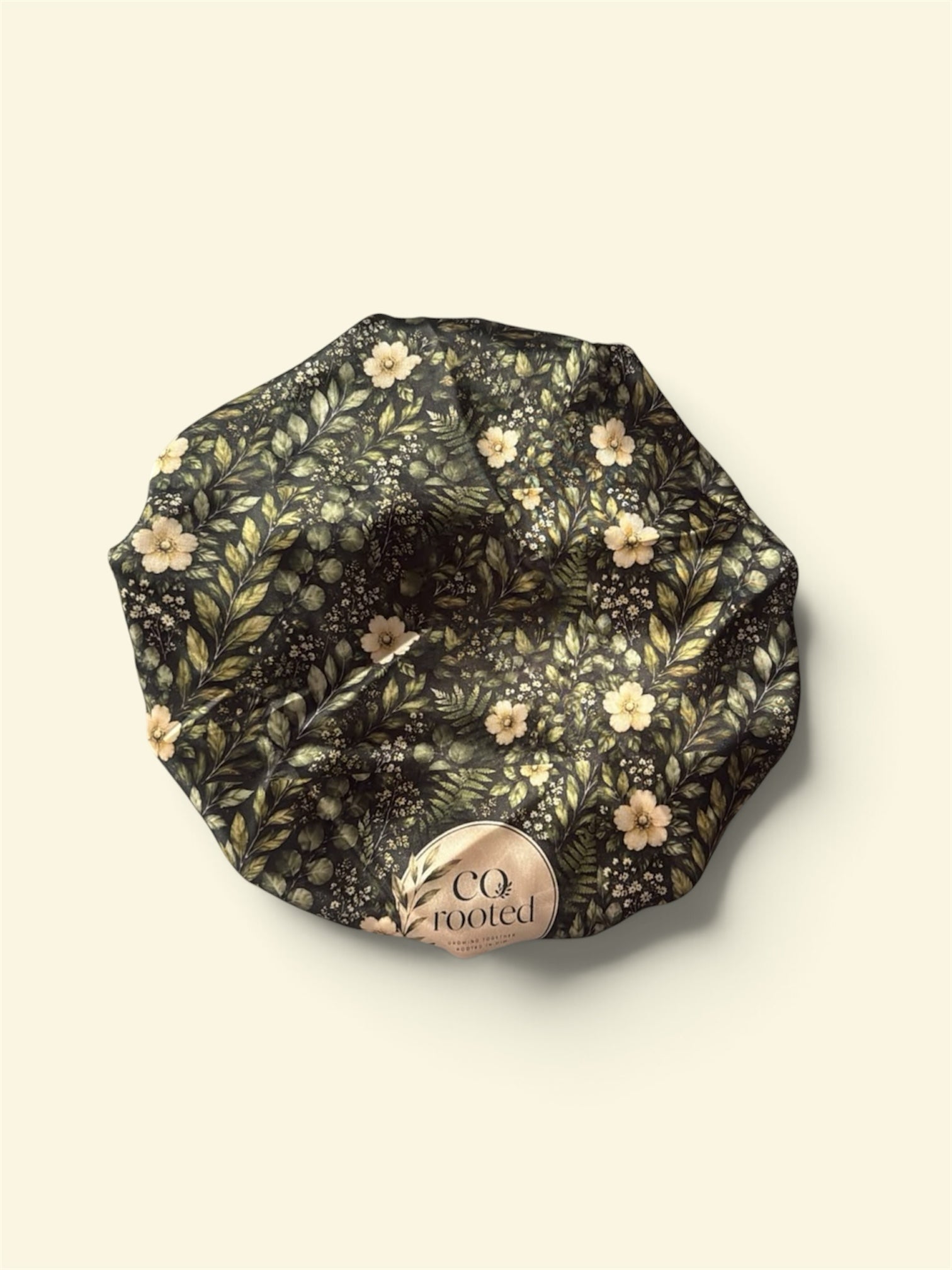 Purrty Dimples CQ rooted satin hair bonnet featuring a dark forest botanical floral print for hair protection.